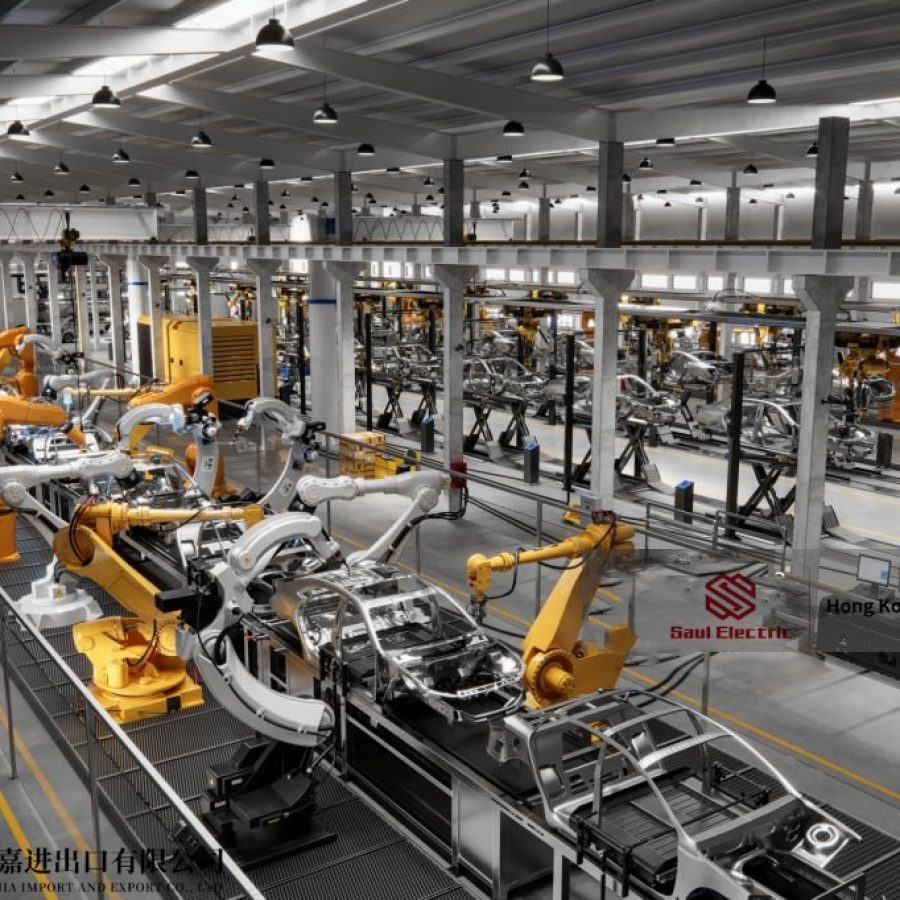 High angle view of cars on production line in factory. Many robottic arms doing welding on car metal body in manufacturing plant. Image in 3D render.